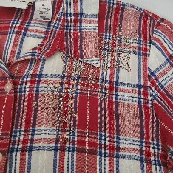 Alfred Dunner Red Plaid Rhinestone Accent Button Front 3/4 Sleeve Blouse Size 16 - Picture 5 of 13